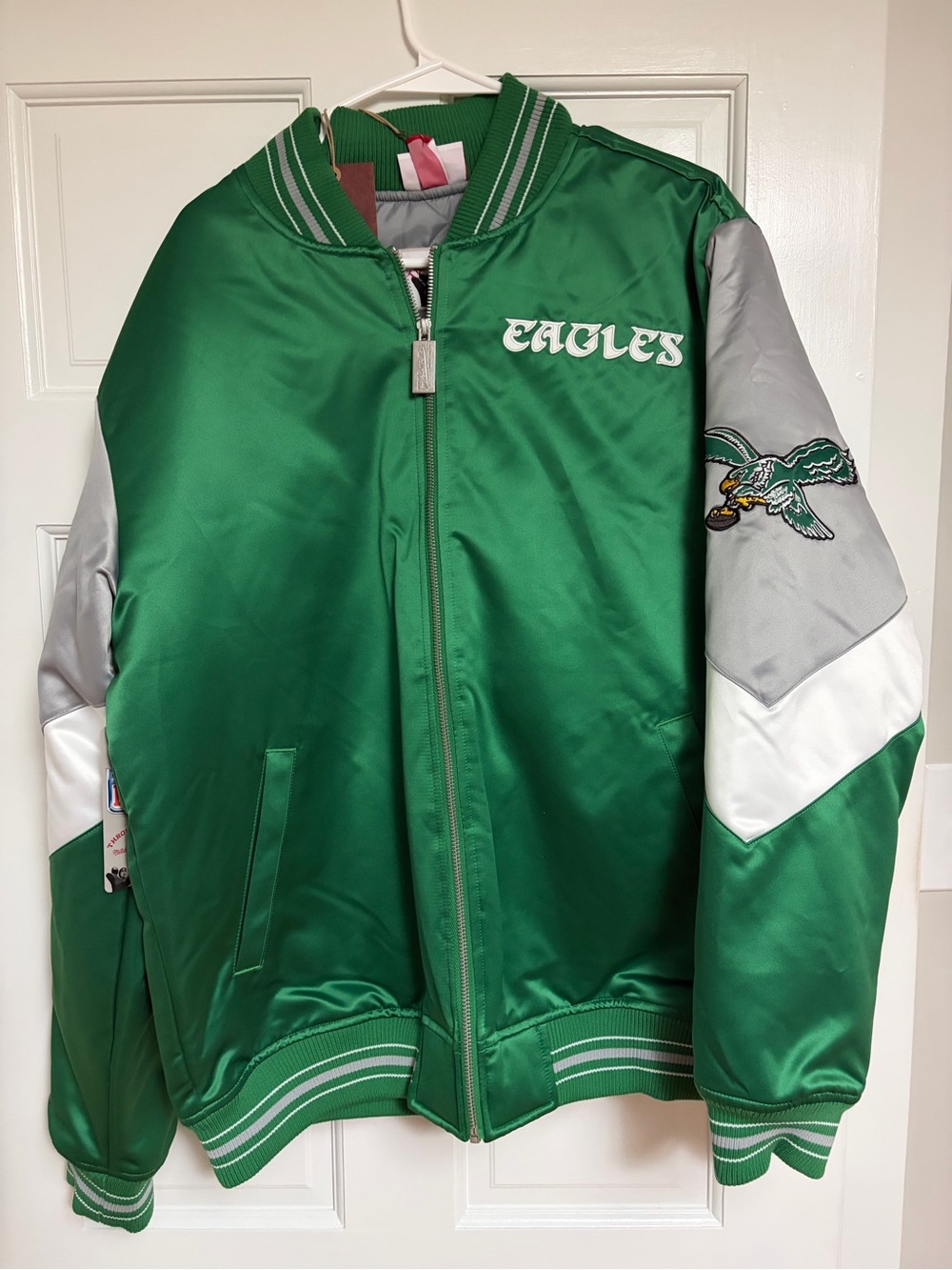 Mitchell and Ness Eagles Satin Bomber Jacket - Green/Gray/White New With Tags